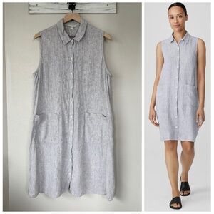 EILEEN FISHER NEW XL Striped Organic Linen Crinkle Sleeveless Shirtdress Dress